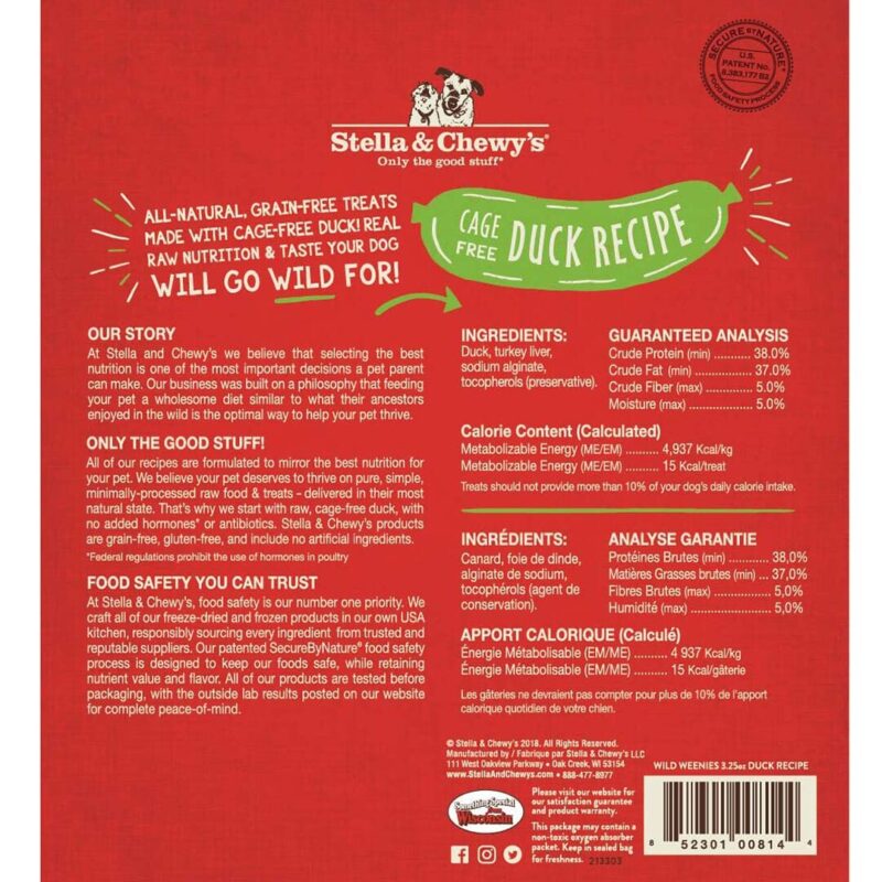 STELLA & CHEWY'S WILD WEENIES CAGE FREE DUCK RECIPE FREEZE DRIED RAW DOG TREATS 3.25 oz