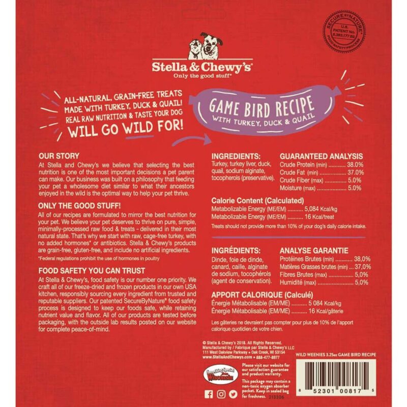STELLA & CHEWY’S WILD WEENIES GAME BIRD RECIPE FREEZE-DRIED RAW DOG TREATS 3.25 oz