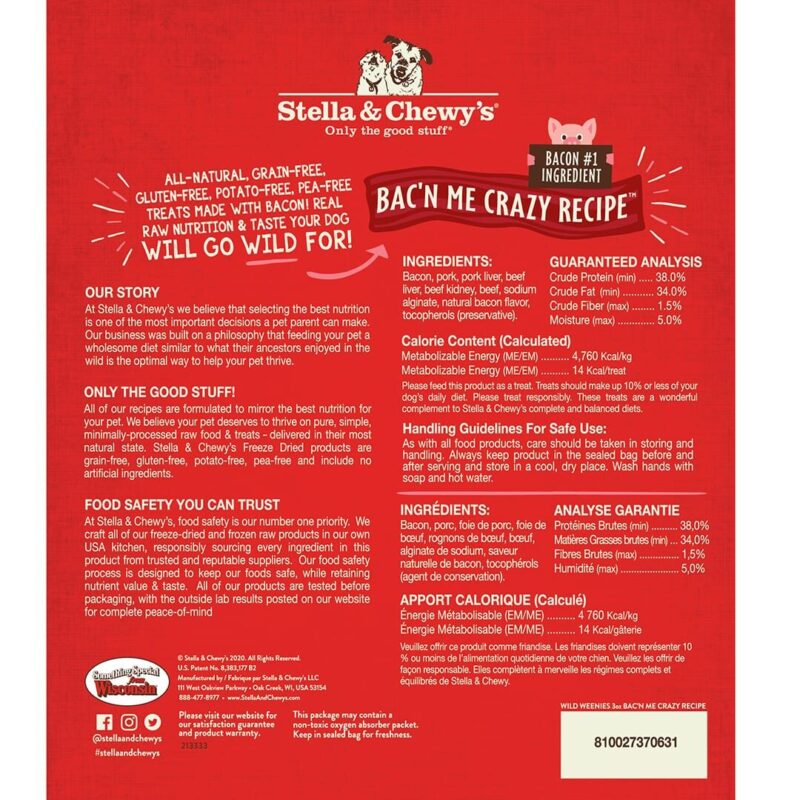 STELLA & CHEWY’S WILD WEENIES BAC'N ME CRAZY RECIPE FREEZE DRIED RAW DOG TREATS 3.25 oz